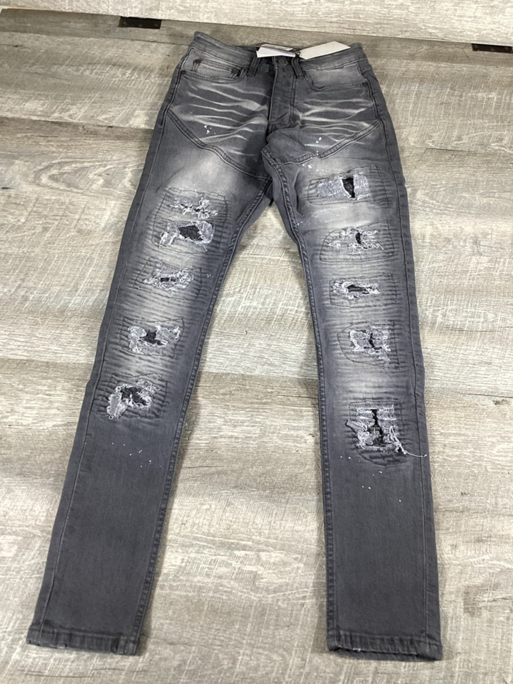 BoohooMAN Super Skinny Biker Jeans Mens 28 Grey Distressed Rip NWT